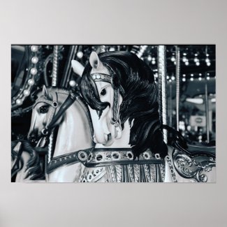 Carnival Ride Horse Carousel - Black & White Photo