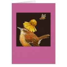 Carolina wren card with bee and flower