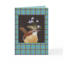 Carolina wren with bluets on plaid card