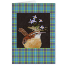 Carolina wren with bluets on plaid card