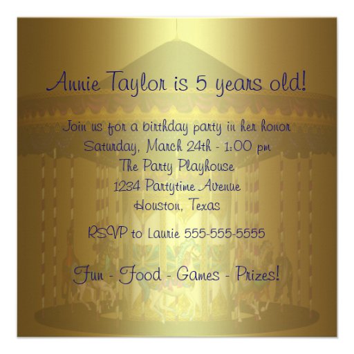 Carousel Ponies Girls 5th Birthday Party Custom Invitations