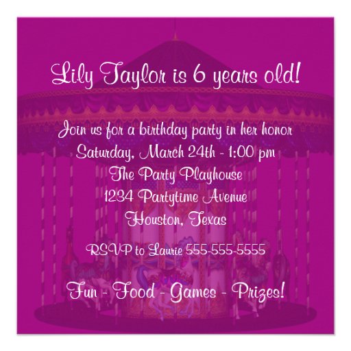 Carousel Ponies Girls 6th Birthday Party Custom Announcement