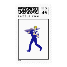 Carpenter Tradesman Carrying Timber Lumber Stamp