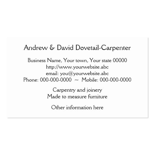 Carpentry or cabinet making business card (back side)