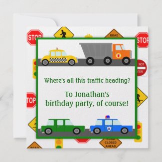Cars, Trucks and Street Signs Children's Birthday invitation