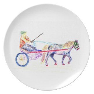 Cart horse in colored crayon pastel, pony sulky plate