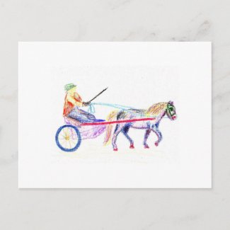 Cart horse in colored crayon pastel, pony sulky postcard