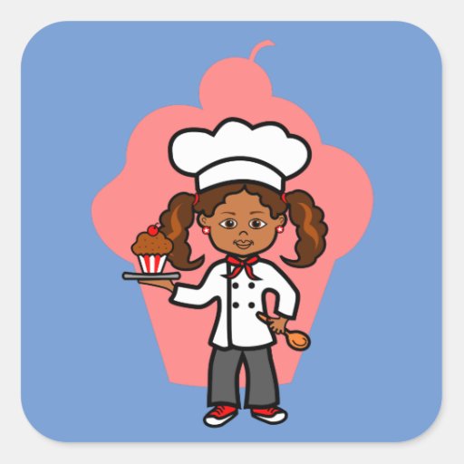 Cartoon African American Female Chef with Cupcake Square Sticker | Zazzle