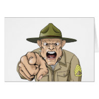 Cartoon angry army drill sergeant shouting greeting card