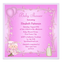 Cartoon Baby Pictures  Baby Shower on Cartoon Baby  Bottle   Balloons Pink Baby Shower Personalized Invite