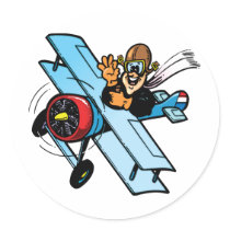 Cartoon Biplane Round Sticker