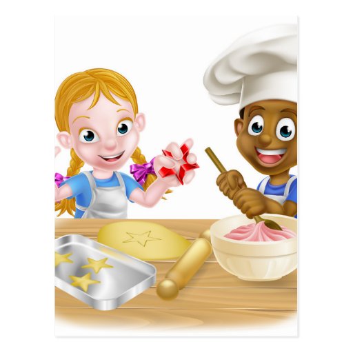 Cartoon Boy and Girl Baking Postcard | Zazzle