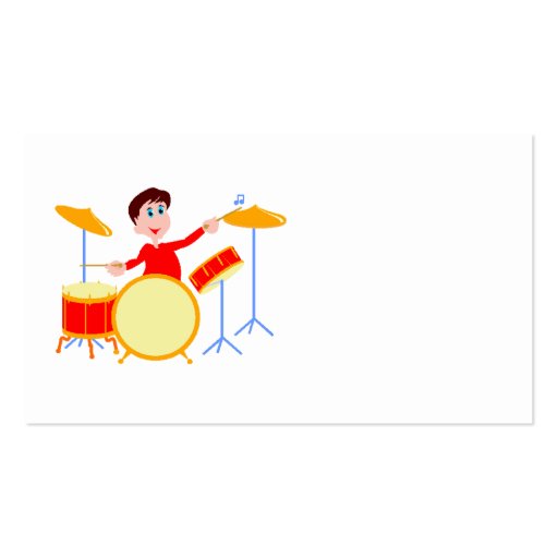 Cartoon boy playing drumset jagged edges business card templates (back side)