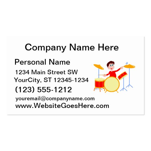 Cartoon boy playing drumset jagged edges business card templates