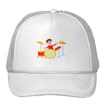 Cartoon boy playing drumset jagged edges mesh hat