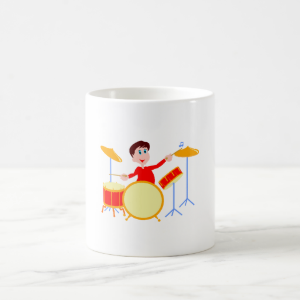 Cartoon boy playing drumset jagged edges mugs