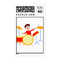 Cartoon boy playing drumset jagged edges postage