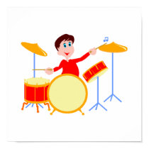 Cartoon boy playing drumset jagged edges posters