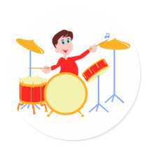 Cartoon boy playing drumset jagged edges stickers