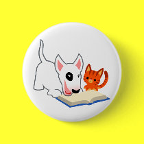 Karikatur Bullie und Miezekatze mit Buch-Knopf-Abz buttons