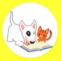 Karikatur Bullie und Miezekatze mit Buch-Aufkleber sticker