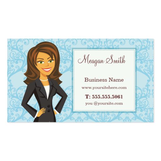 Cartoon Character Blue Damask Business Cards (front side)