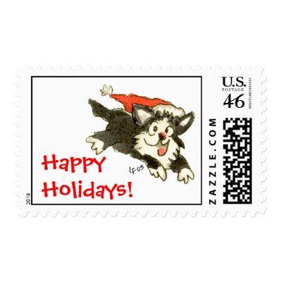 Cartoon Christmas Kitten Cat Happy Holidays! Postage by zooogle