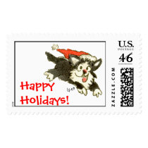 Cartoon Christmas Kitten Cat Happy Holidays! postage