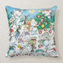 Cartoon Christmas Polar Bears Penguins Snow Party Throw Pillows