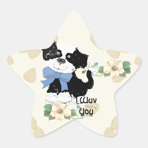 Cartoon Dog - B/W ~ Tan Leaves Design Star Stickers