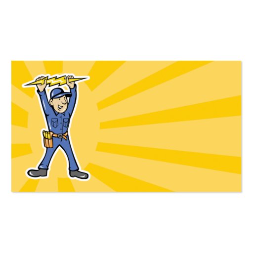Cartoon Electrician holding electricity lightning Business Card Template (front side)