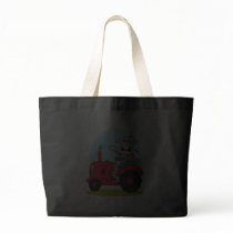 cartoon farmer riding a red tractor tote bags