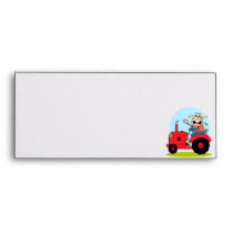 cartoon farmer riding a red tractor envelope