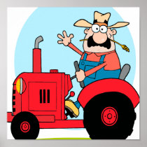 cartoon farmer riding a red tractor print