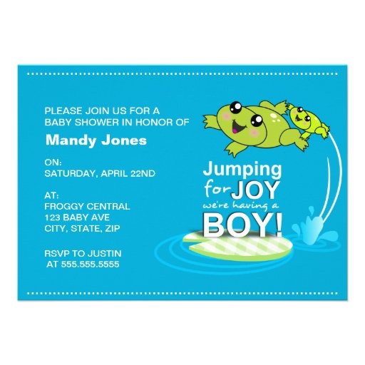 Cartoon frogs jumping for joy Blue Boy Baby Shower Invitations