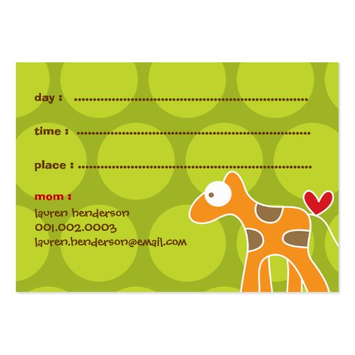 Cartoon Giraffe Kids Custom Photo Playdate Card Business Card Templates (back side)