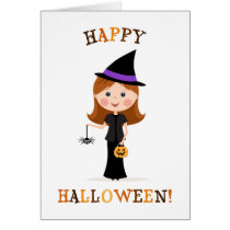 Cartoon girl dressed up as a witch greeting card
