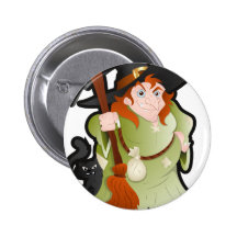 Cartoon Halloween Witch with a Cat Pins