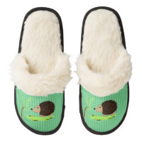 Cartoon Hedgehog on Small Pattern Pair Of Fuzzy Slippers