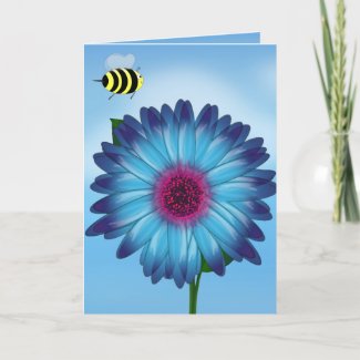 Cartoon Honey Bees Meeting on Blue Flower card