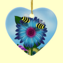Cartoon Honey Bees Meeting on Blue Flower ornaments