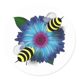 Cartoon Honey Bees Meeting on Blue Flower sticker