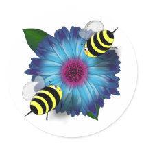 Cartoon Honey Bees Meeting on Blue Flower Sticker