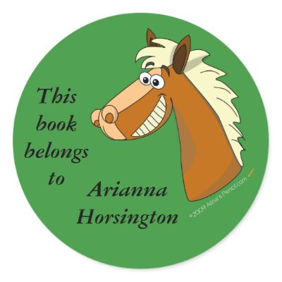 This bookplate template is a round vinyl sticker with a cartoon horse head 