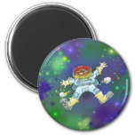 Cartoon illustration, of a space gnome, badge. 2 inch round magnet