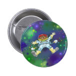 Cartoon illustration, of a space gnome, badge. pinback button