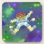Cartoon illustration, of a space gnome, coaster. drink coaster
