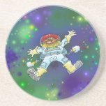 Cartoon illustration, of a space gnome, coaster. drink coaster