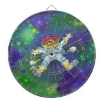 Cartoon illustration, of a space gnome, dartboard. dart boards