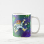 Cartoon illustration, of a space gnome, mug. coffee mug
